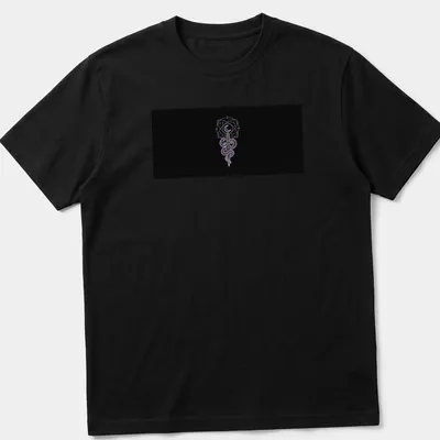 Silhouette of a serpent dagger intertwined with celestial elements in black, purple, and white.