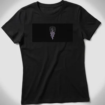 Silhouette of a serpent dagger intertwined with celestial elements in black, purple, and white. — printed on a women's shirt