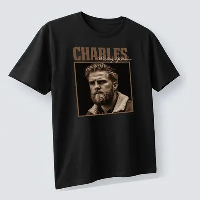 Vintage sepia portrait of Charles Wesley Godwin with scripted name — printed on a unisex t-shirt (angled view)