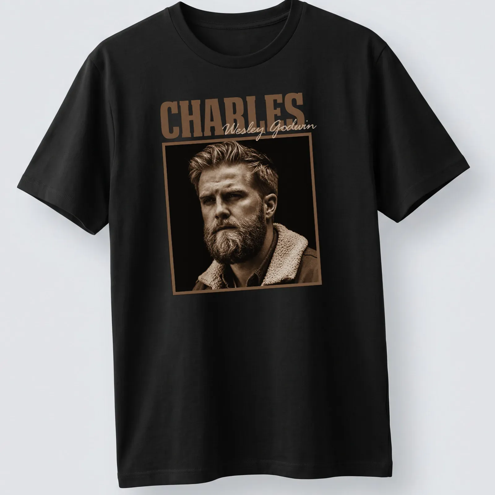 Vintage sepia portrait of Charles Wesley Godwin with scripted name — printed on a unisex t-shirt