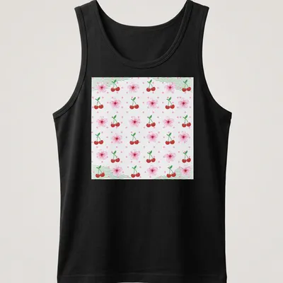 Floral pattern depicting cherries and cherry blossoms in pink, red, green, and white — printed on a tank top