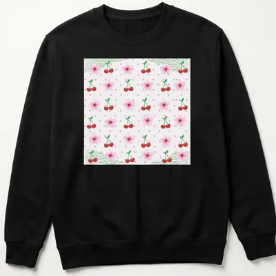 Floral pattern depicting cherries and cherry blossoms in pink, red, green, and white — printed on a unisex sweatshirt