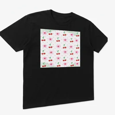 Floral pattern depicting cherries and cherry blossoms in pink, red, green, and white — printed on a unisex t-shirt (angled view)