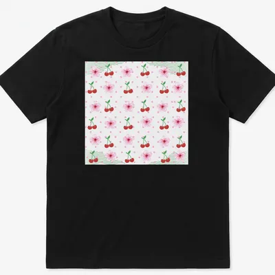Floral pattern depicting cherries and cherry blossoms in pink, red, green, and white