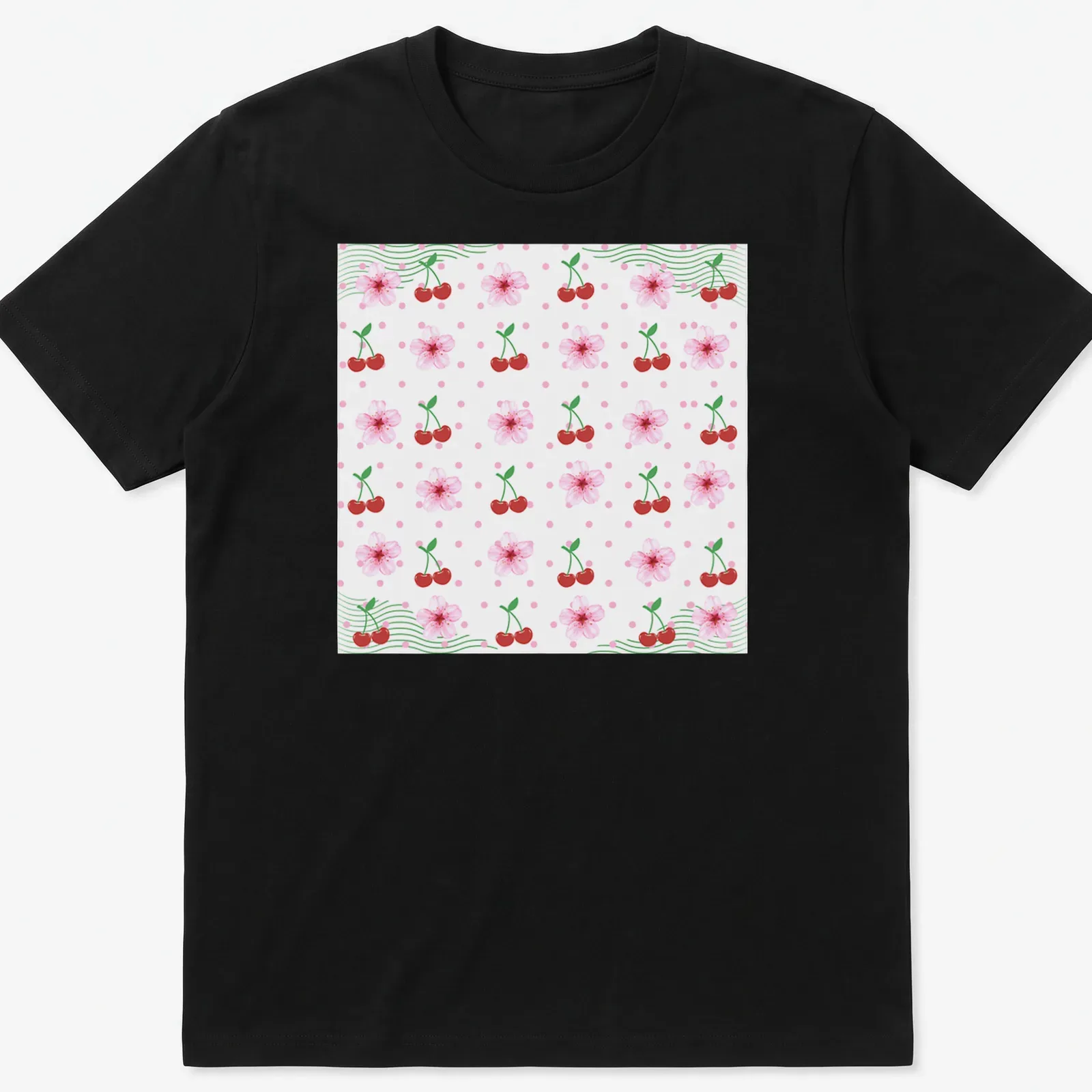 Floral pattern depicting cherries and cherry blossoms in pink, red, green, and white — printed on a unisex t-shirt