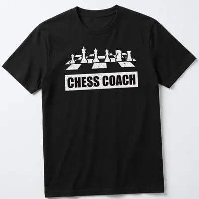 Bold Chess Coach t-shirt featuring chess pieces and simple typography