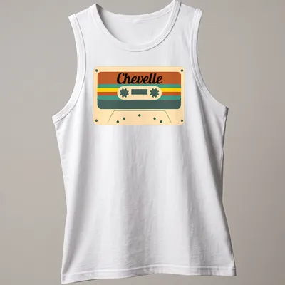 Retro design with the word Chevelle over a cassette tape in brown and cream tones. — printed on a tank top