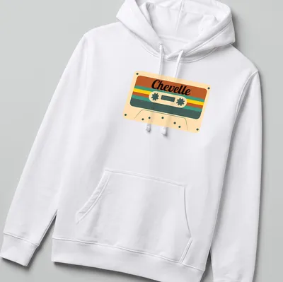 Retro design with the word Chevelle over a cassette tape in brown and cream tones. — printed on a unisex hoodie