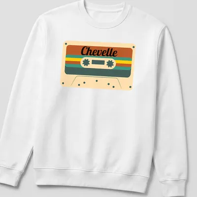 Retro design with the word Chevelle over a cassette tape in brown and cream tones. — printed on a unisex sweatshirt