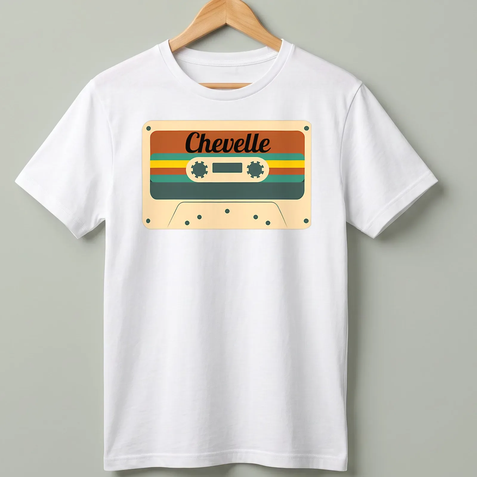 Retro design with the word Chevelle over a cassette tape in brown and cream tones. — printed on a unisex t-shirt
