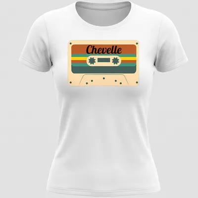 Retro design with the word Chevelle over a cassette tape in brown and cream tones. — printed on a women's shirt