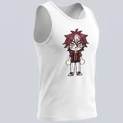 Chibi character of Ikeda Daiki in red, black, and white cartoon style. — printed on a tank top