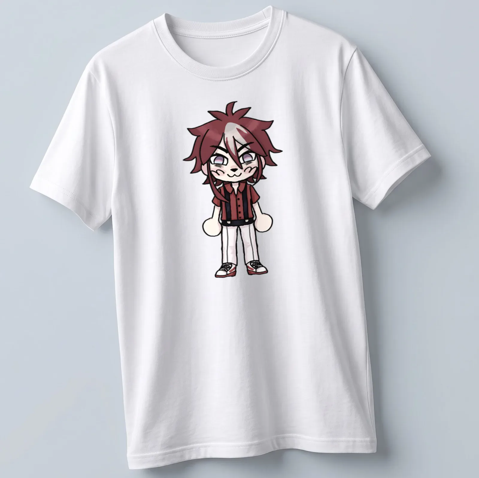 Chibi character of Ikeda Daiki in red, black, and white cartoon style. — printed on a unisex t-shirt