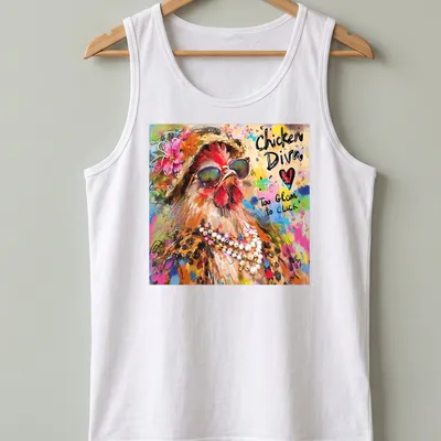 Colorful illustration of a chicken diva with the text 'Too Glam to Cluck' — printed on a tank top
