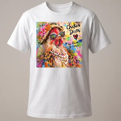 Colorful illustration of a chicken diva with the text 'Too Glam to Cluck'