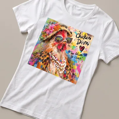 Colorful illustration of a chicken diva with the text 'Too Glam to Cluck' — printed on a women's shirt