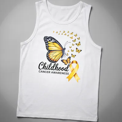 Colorful illustration of butterflies and a yellow ribbon with awareness text — printed on a tank top