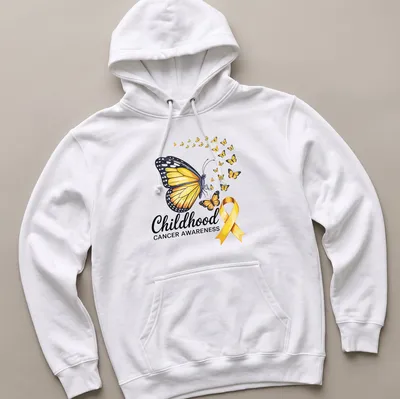 Colorful illustration of butterflies and a yellow ribbon with awareness text — printed on a unisex hoodie