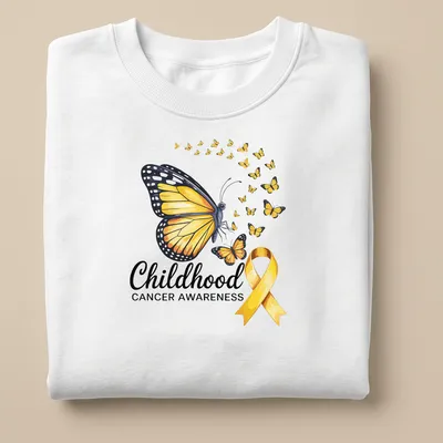 Colorful illustration of butterflies and a yellow ribbon with awareness text — printed on a unisex sweatshirt