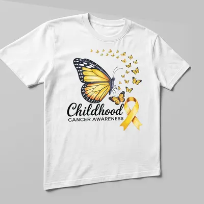 Colorful illustration of butterflies and a yellow ribbon with awareness text — printed on a unisex t-shirt (angled view)