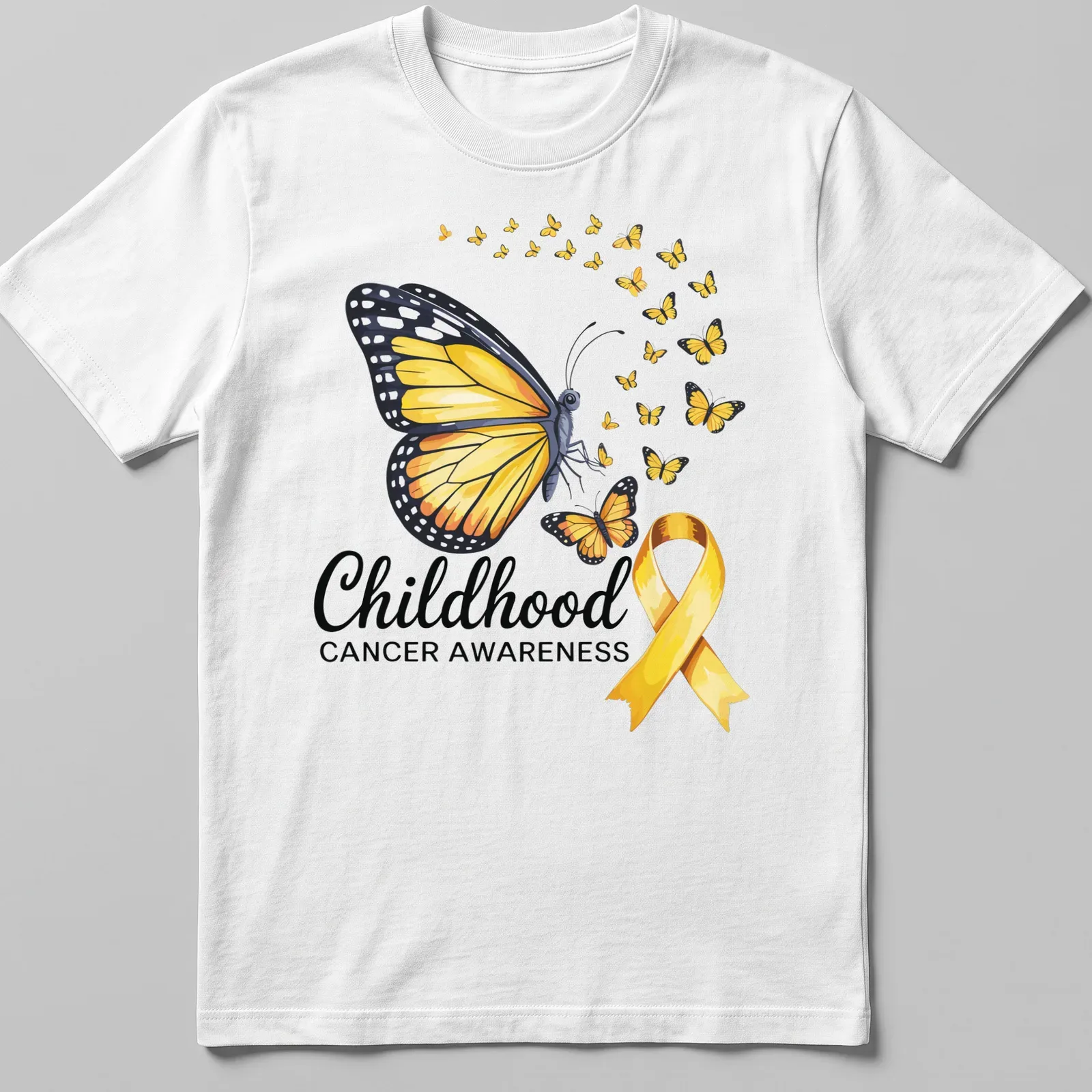 Colorful illustration of butterflies and a yellow ribbon with awareness text — printed on a unisex t-shirt