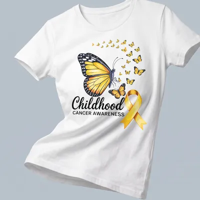 Colorful illustration of butterflies and a yellow ribbon with awareness text — printed on a women's shirt