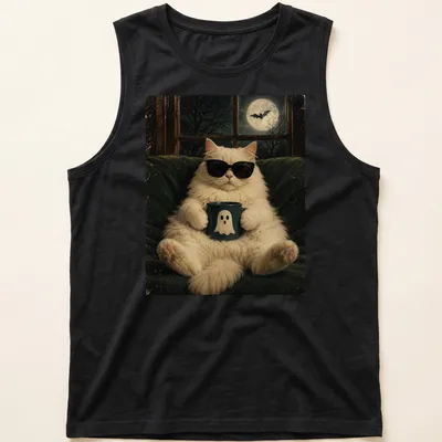 Vintage-style tee featuring a fluffy white cat with a ghost mug. — printed on a tank top