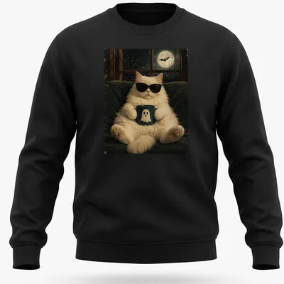 Vintage-style tee featuring a fluffy white cat with a ghost mug. — printed on a unisex sweatshirt