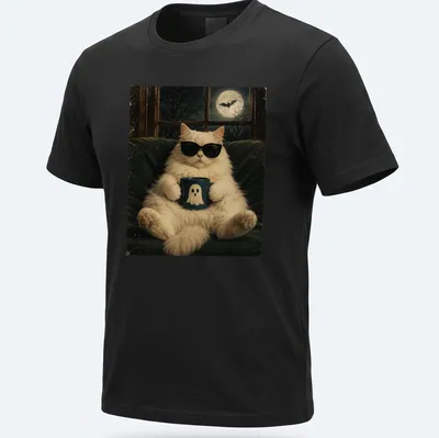 Vintage-style tee featuring a fluffy white cat with a ghost mug.