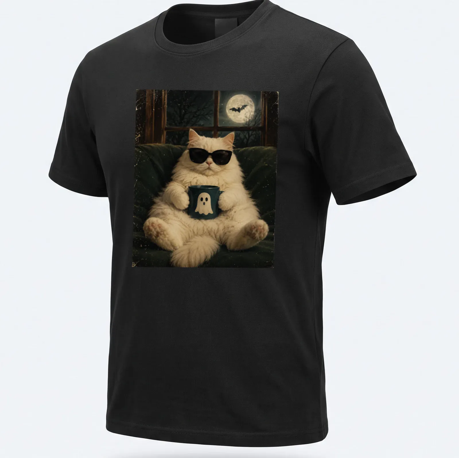 Vintage-style tee featuring a fluffy white cat with a ghost mug. — printed on a unisex t-shirt