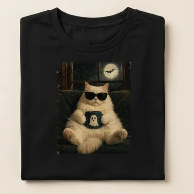 Vintage-style tee featuring a fluffy white cat with a ghost mug. — printed on a women's shirt