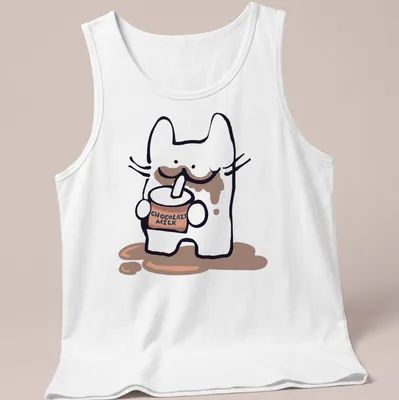 Kawaii character drinking chocolate milk with playful text CHOCOLAIT MILK — printed on a tank top