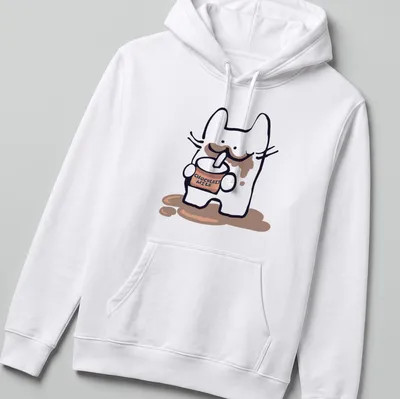 Kawaii character drinking chocolate milk with playful text CHOCOLAIT MILK — printed on a unisex hoodie