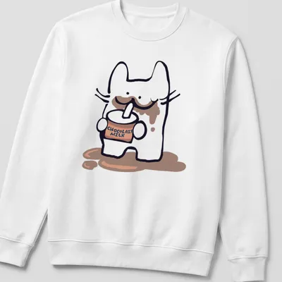 Kawaii character drinking chocolate milk with playful text CHOCOLAIT MILK — printed on a unisex sweatshirt