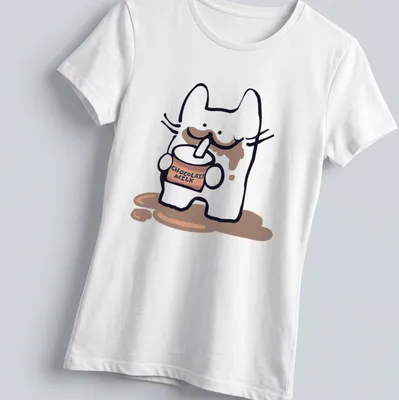 Kawaii character drinking chocolate milk with playful text CHOCOLAIT MILK — printed on a women's shirt