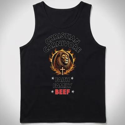 Vibrant detailed t-shirt featuring a lion with a cross and bold text. — printed on a tank top