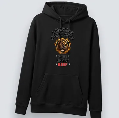 Vibrant detailed t-shirt featuring a lion with a cross and bold text. — printed on a unisex hoodie