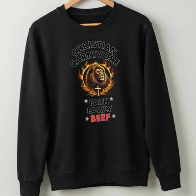 Vibrant detailed t-shirt featuring a lion with a cross and bold text. — printed on a unisex sweatshirt