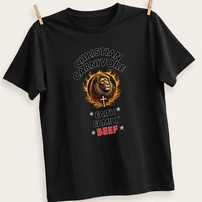 Vibrant detailed t-shirt featuring a lion with a cross and bold text.