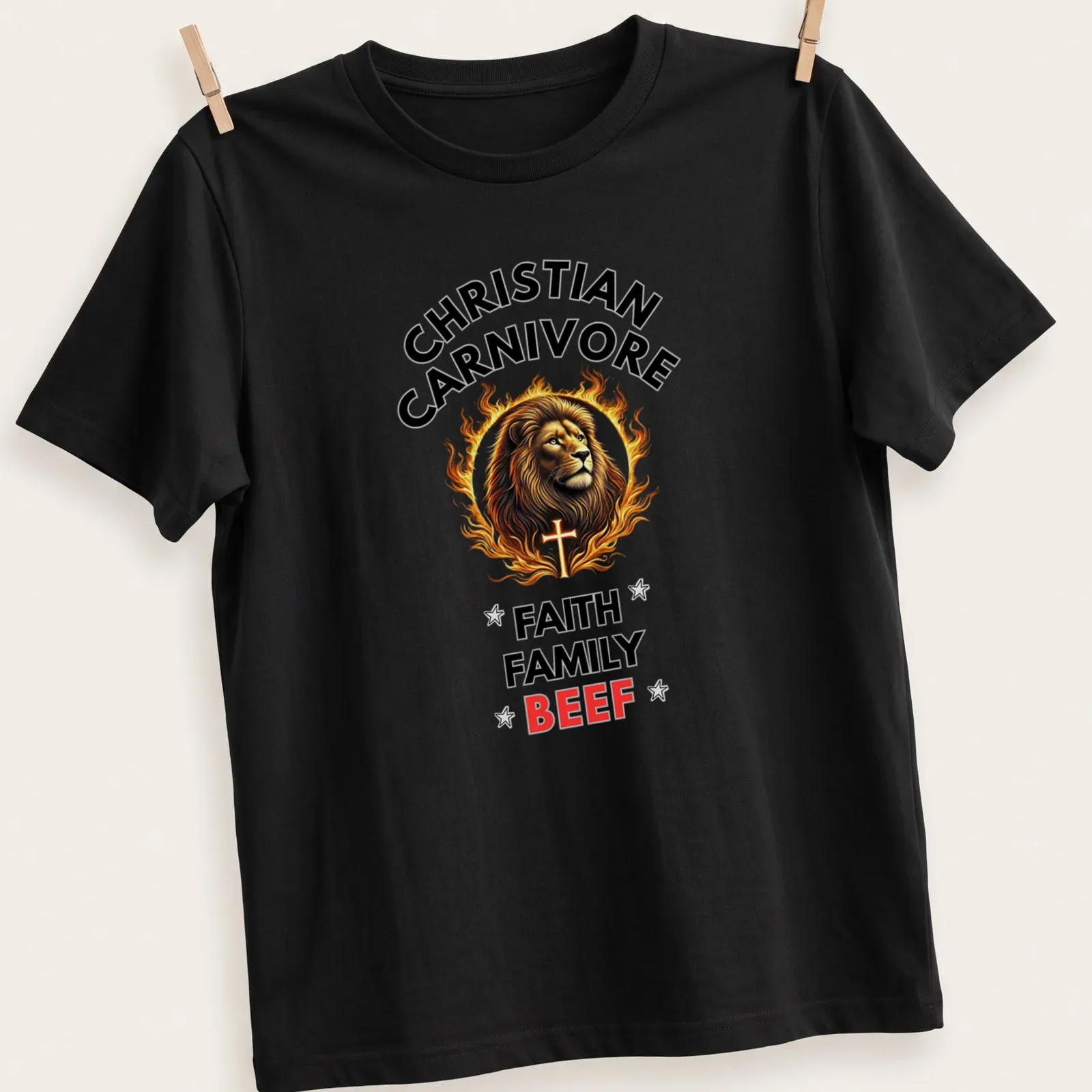 Vibrant detailed t-shirt featuring a lion with a cross and bold text. — printed on a unisex t-shirt