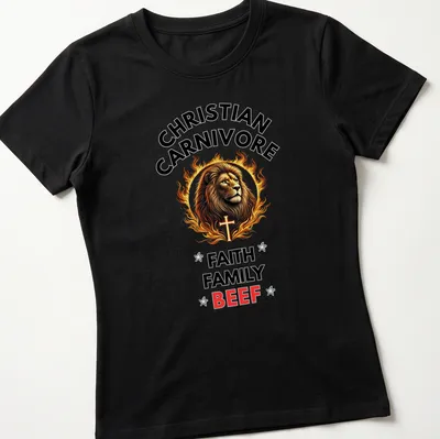 Vibrant detailed t-shirt featuring a lion with a cross and bold text. — printed on a women's shirt