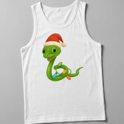 Cartoon Asian vine snake wrapped in colorful Christmas lights — printed on a tank top
