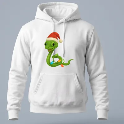 Cartoon Asian vine snake wrapped in colorful Christmas lights — printed on a unisex hoodie