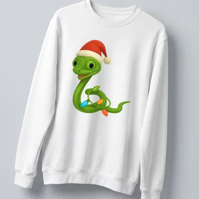 Cartoon Asian vine snake wrapped in colorful Christmas lights — printed on a unisex sweatshirt