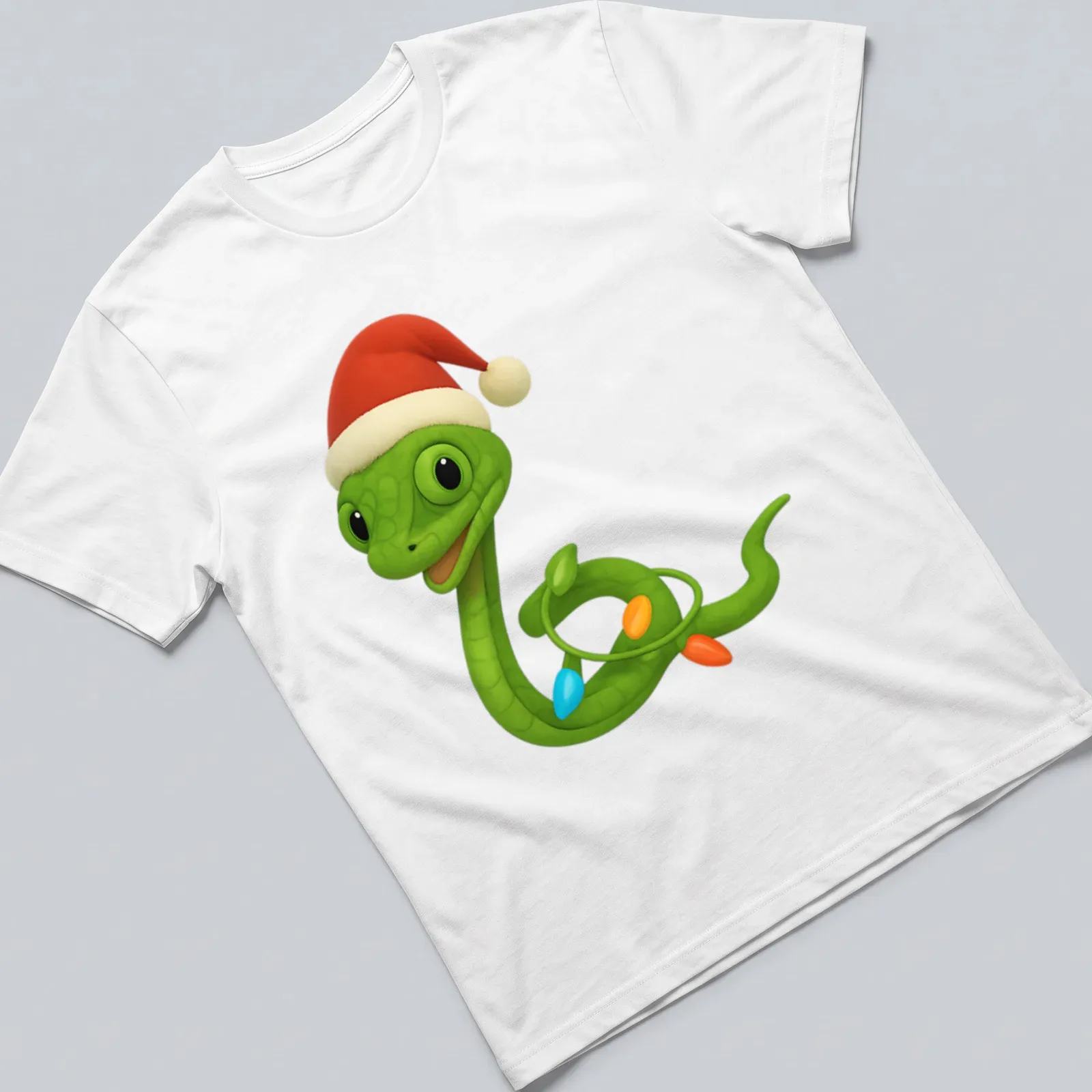 Cartoon Asian vine snake wrapped in colorful Christmas lights — printed on a unisex t-shirt