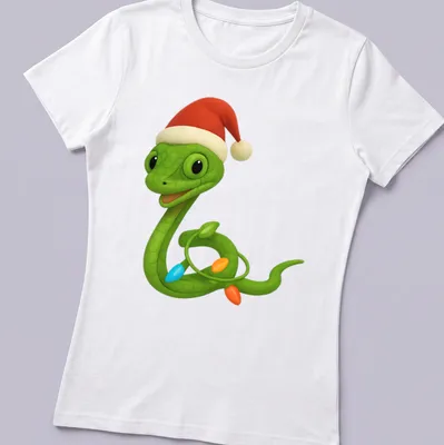 Cartoon Asian vine snake wrapped in colorful Christmas lights — printed on a women's shirt