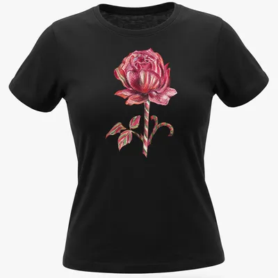 Colorful illustration of a rose with a candy cane stem in red, green, and pink. — printed on a women's shirt