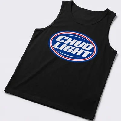 Bold text logo of CHUD LIGHT in blue, white, and red colors — printed on a tank top