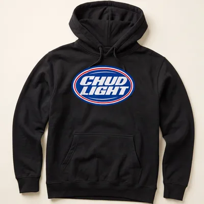 Bold text logo of CHUD LIGHT in blue, white, and red colors — printed on a unisex hoodie