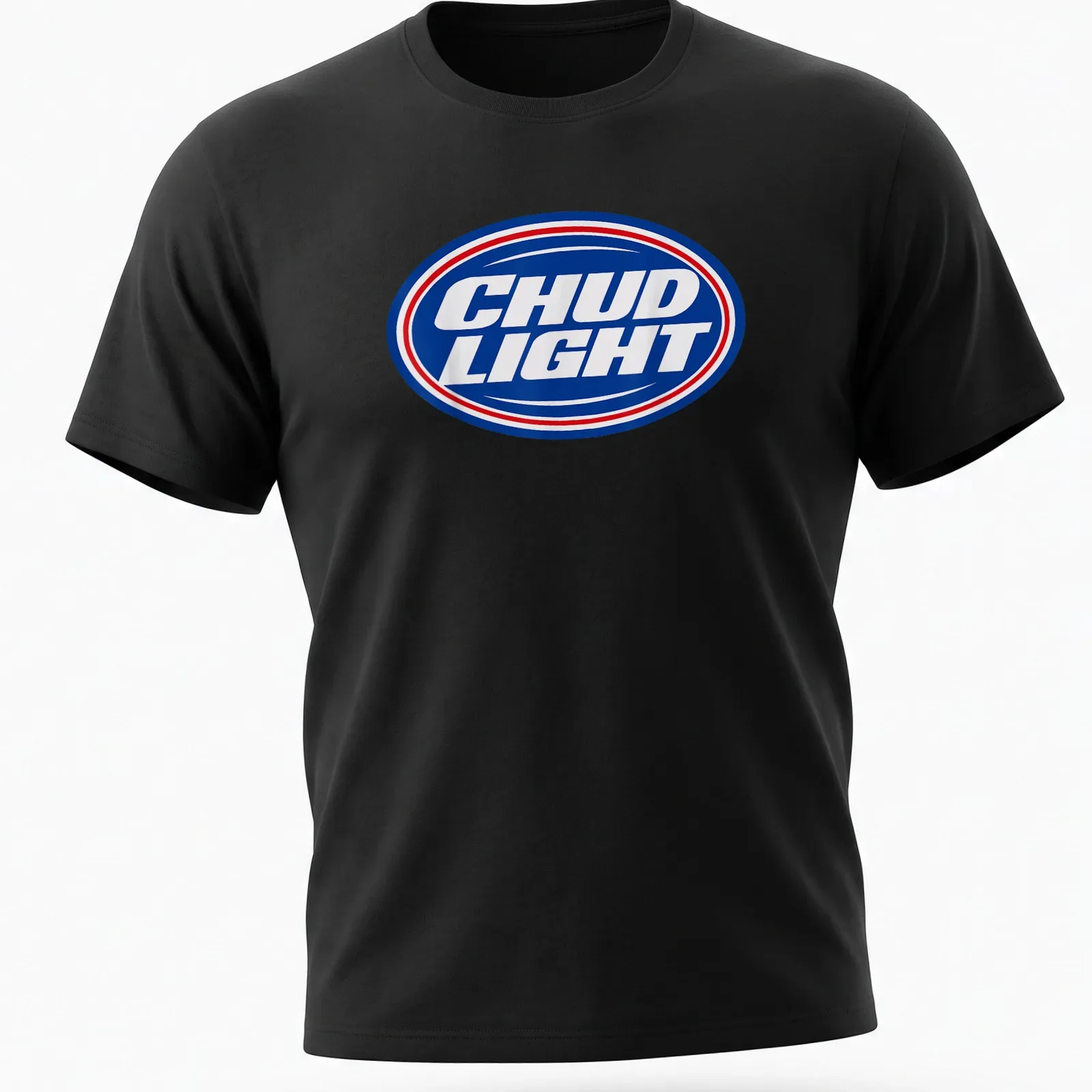 Bold text logo of CHUD LIGHT in blue, white, and red colors — printed on a unisex t-shirt